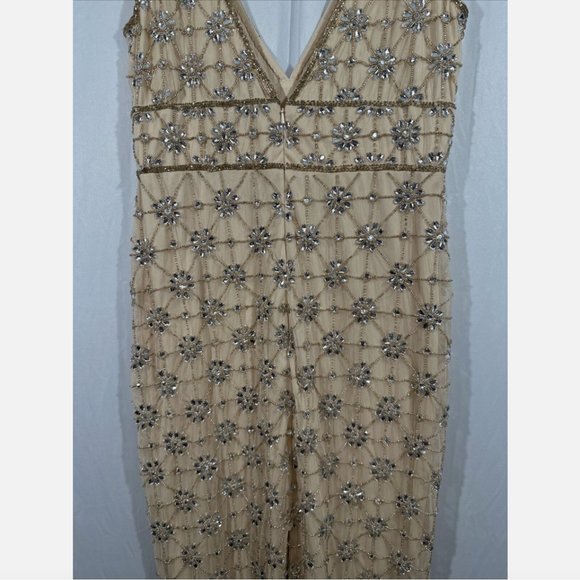 NWT $598 Mac Duggal [ 10 ] Sleeveless Beaded Floral V Neck Gown Nude Silver Q611 - Picture 14 of 16